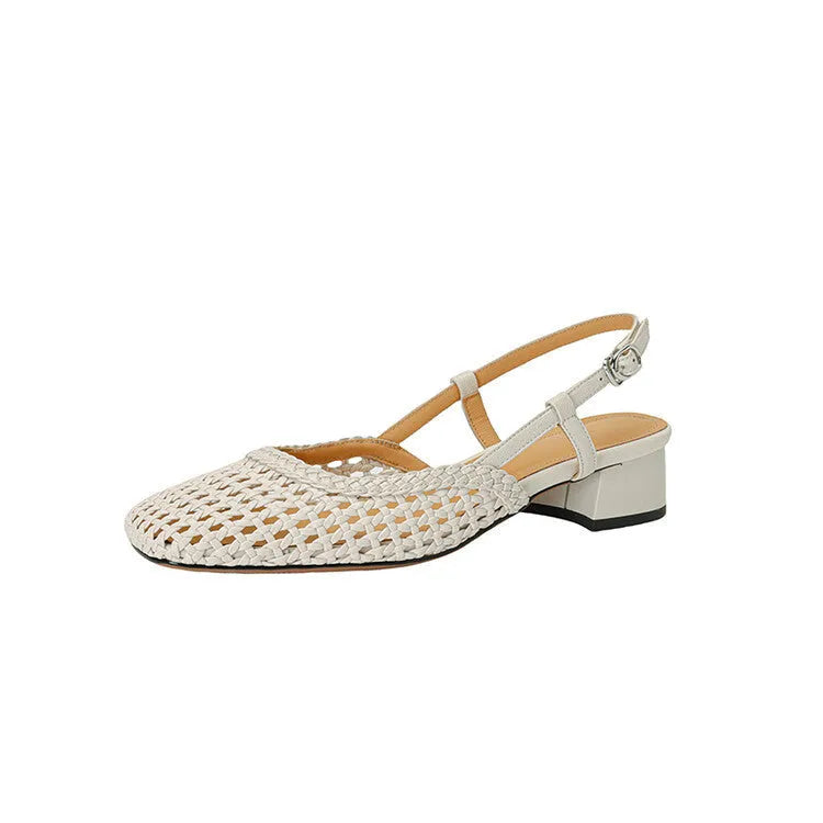 Women's woven hollow-out closed toe sandals with chunky 4cm heel and belt buckle fastening in black