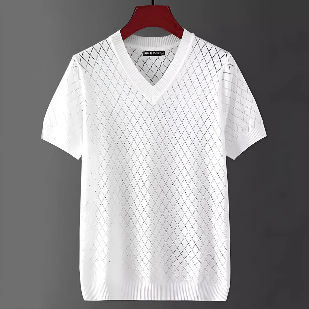 Men's ice silk t-shirt with cut-out detail in black and white colour options showing V-neck and round neck styles