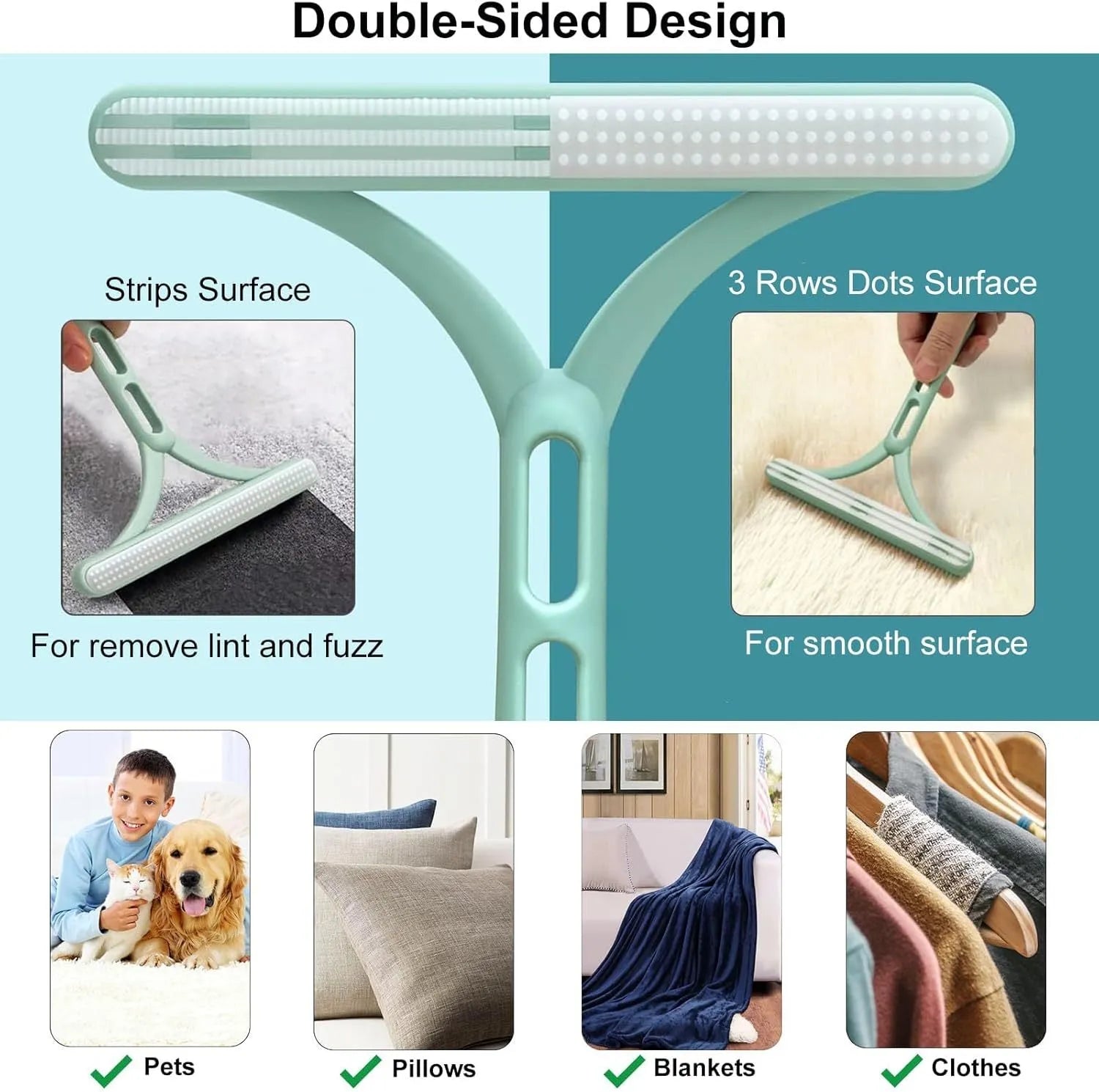 Three-piece pet hair remover set showing metal tool, silicone brush, and round ABS cleaner on a fabric surface.