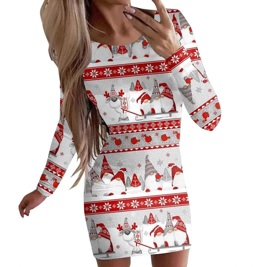 Women's red Christmas dress with animal print, long sleeves, round neck, and a short hip-length skirt.