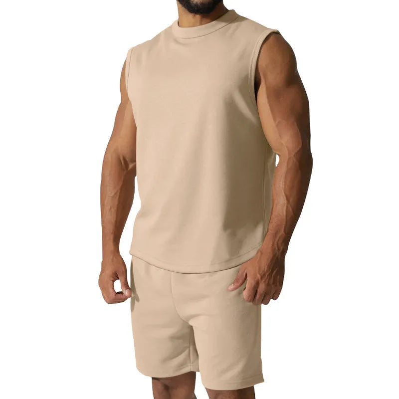 Men's sleeveless cotton blend sports suit set in multiple colour options with matching shorts