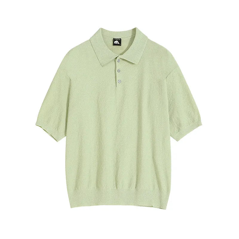 Men's caramel coloured retro knitted polo shirt with asymmetric design and short sleeves