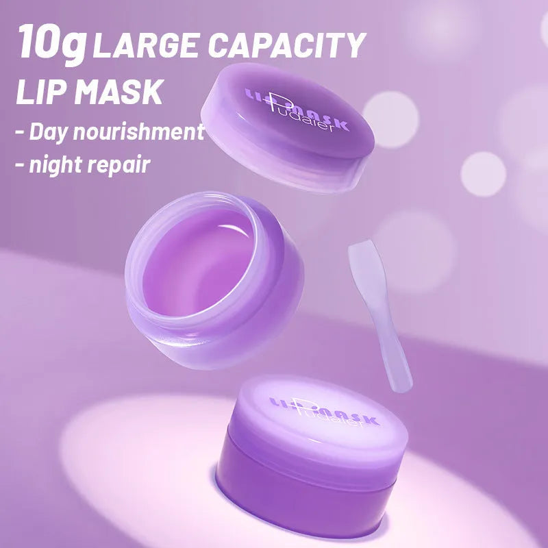 Exfoliating lip balm jar with lid alongside lip mask and scraper tool on white background