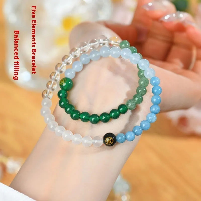 Natural Duobao crystal five elements double ring bracelet with geometric round bead design
