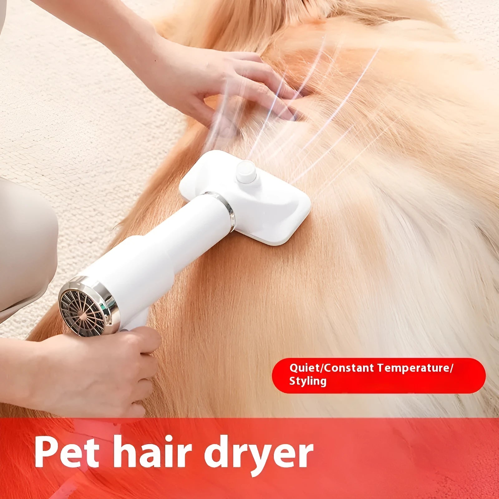 A beige and blue pet hair dryer comb grooming tool with UK plug on a white background.