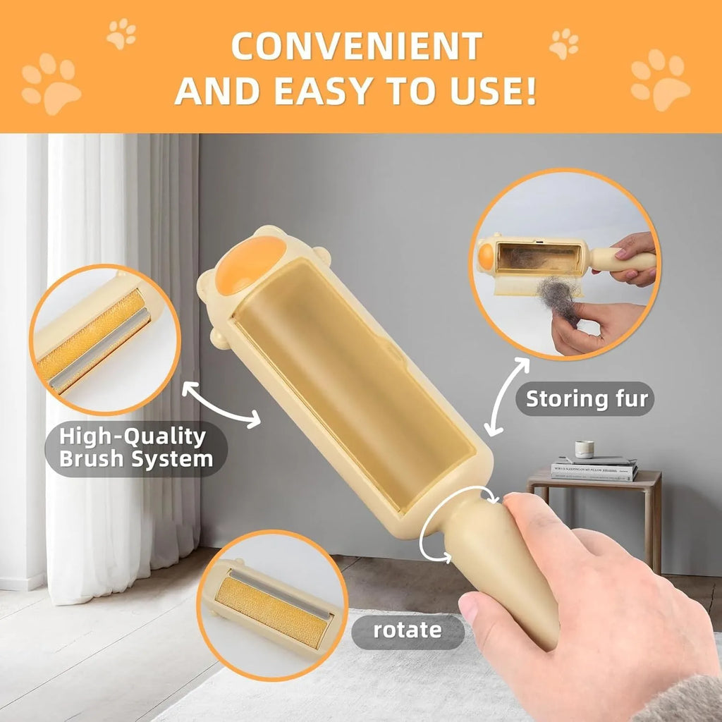 Blue reusable pet hair remover tool with self-cleaning base for furniture and car seats.