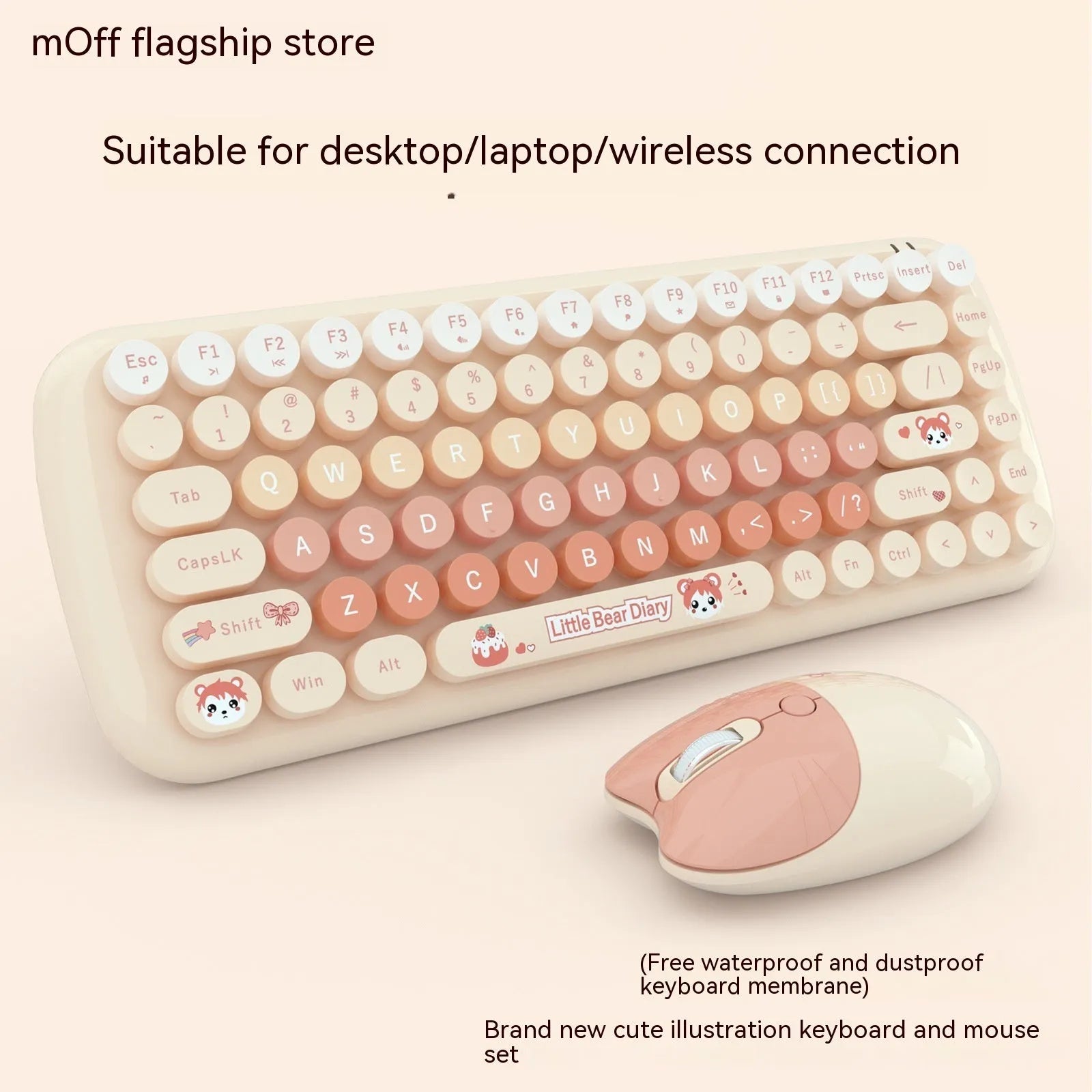 Candy pink cartoon-themed compact wireless keyboard and mouse set with USB receiver