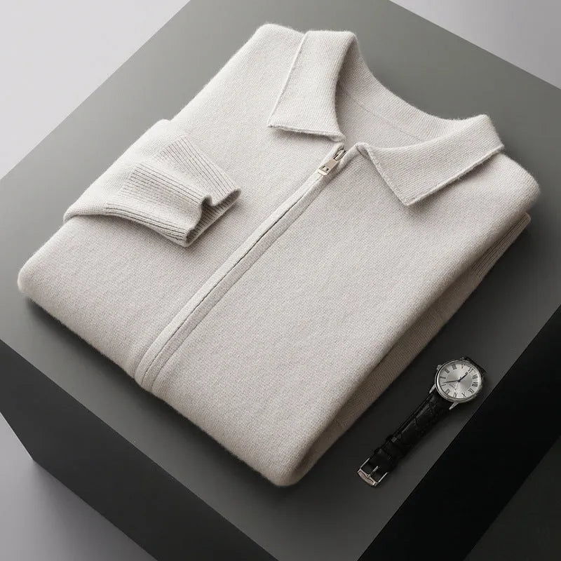 Men's pure wool thickened cardigan with turn-down collar in camel colour on a hanger