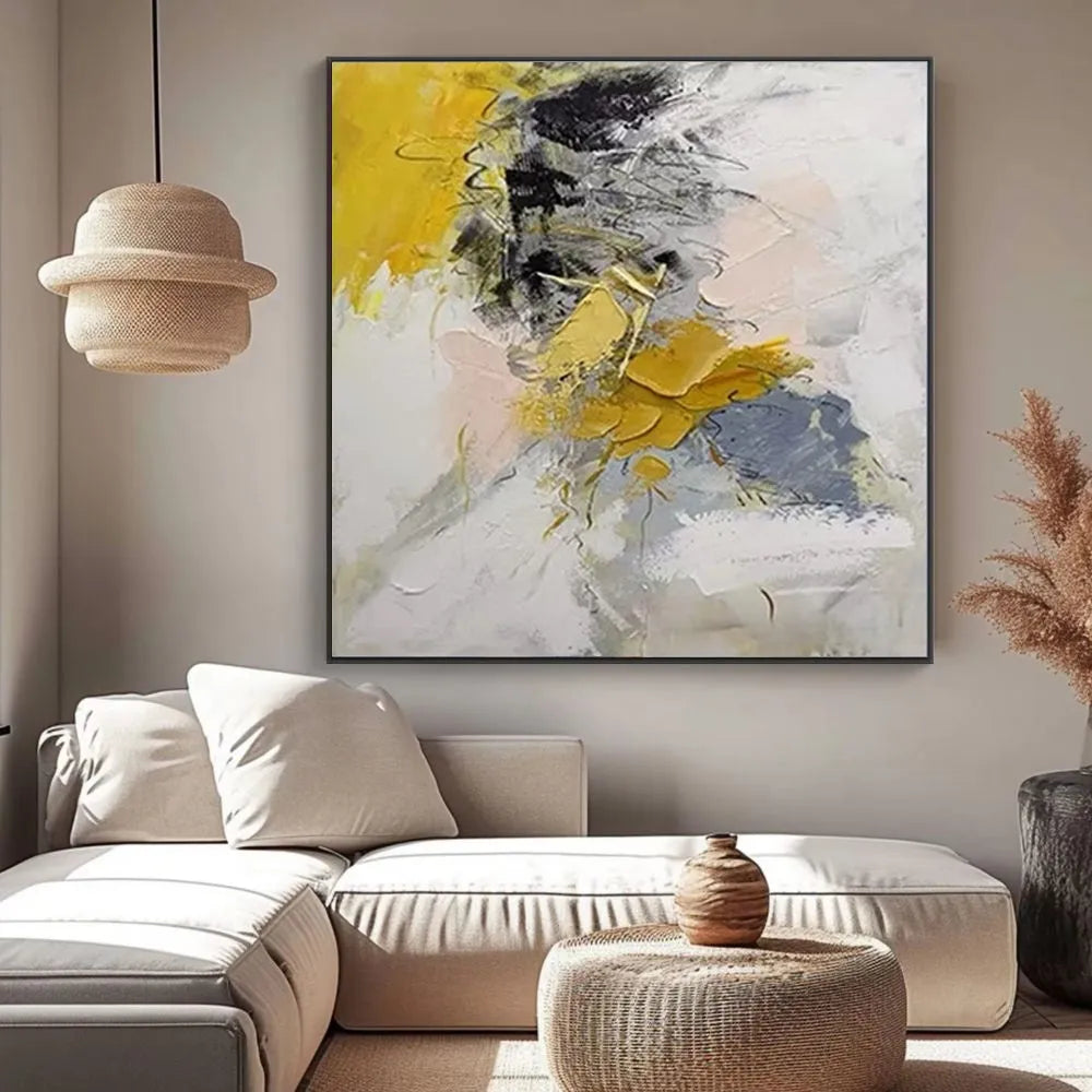 Hand painted acrylic gold abstract oil painting on square canvas for living room decor, no frame, 100cm x 100cm size