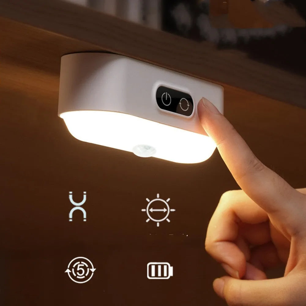 White USB rechargeable magnetic LED night light with touch controls on a metal study cabinet.