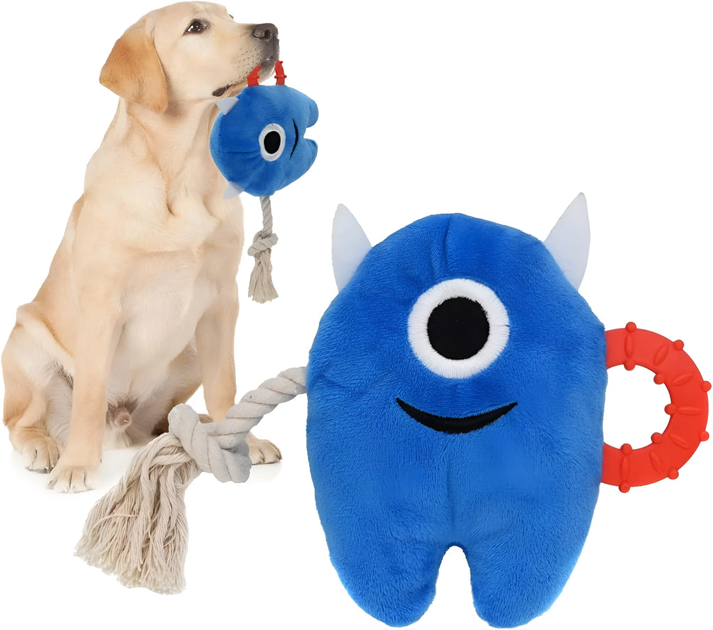 Blue and green monster plush dog toy with integrated cotton rope and squeaker.