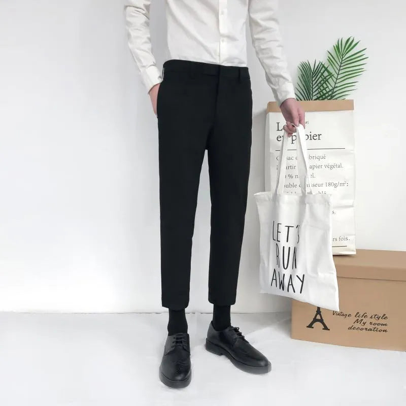 Men's slim straight cotton trousers in black, grey, or khaki with drawstring waist