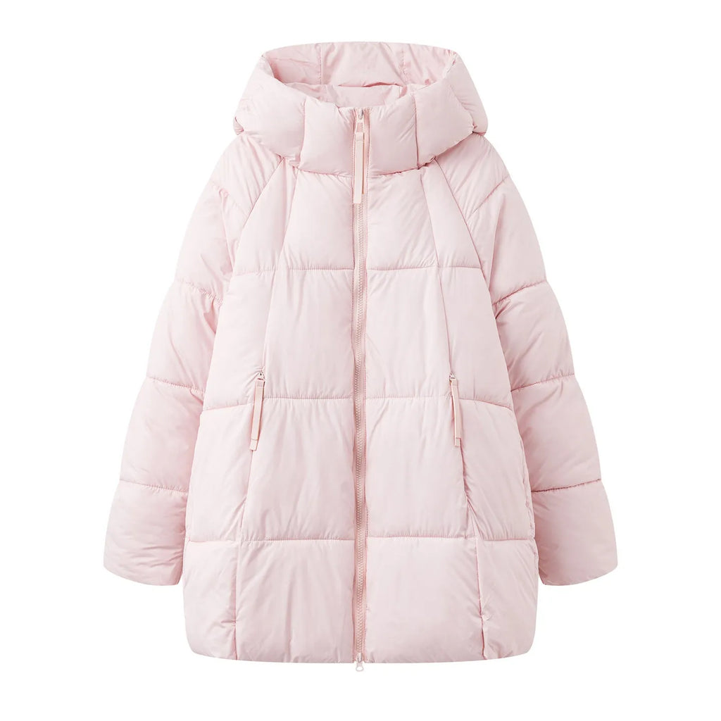 Women's winter loose mid-length down thickened cotton coat in solid colour with pockets, available in multiple colours