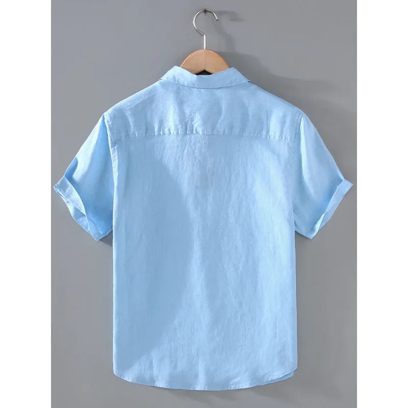 Men's youth casual short-sleeved linen shirt in a cardigan style, shown in one of seven available colours.