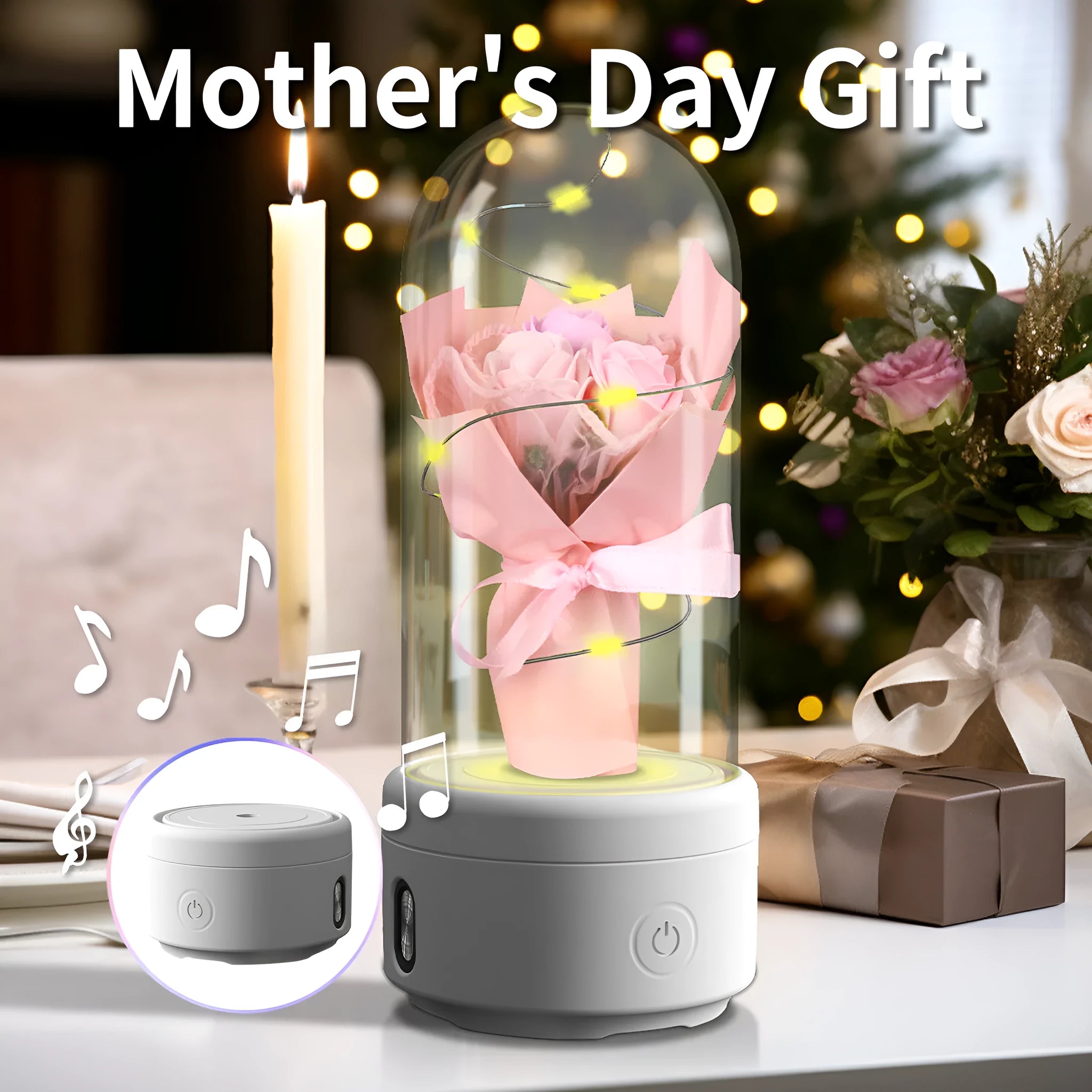 LED bouquet lamp with Bluetooth speaker in glass cover showing colour options