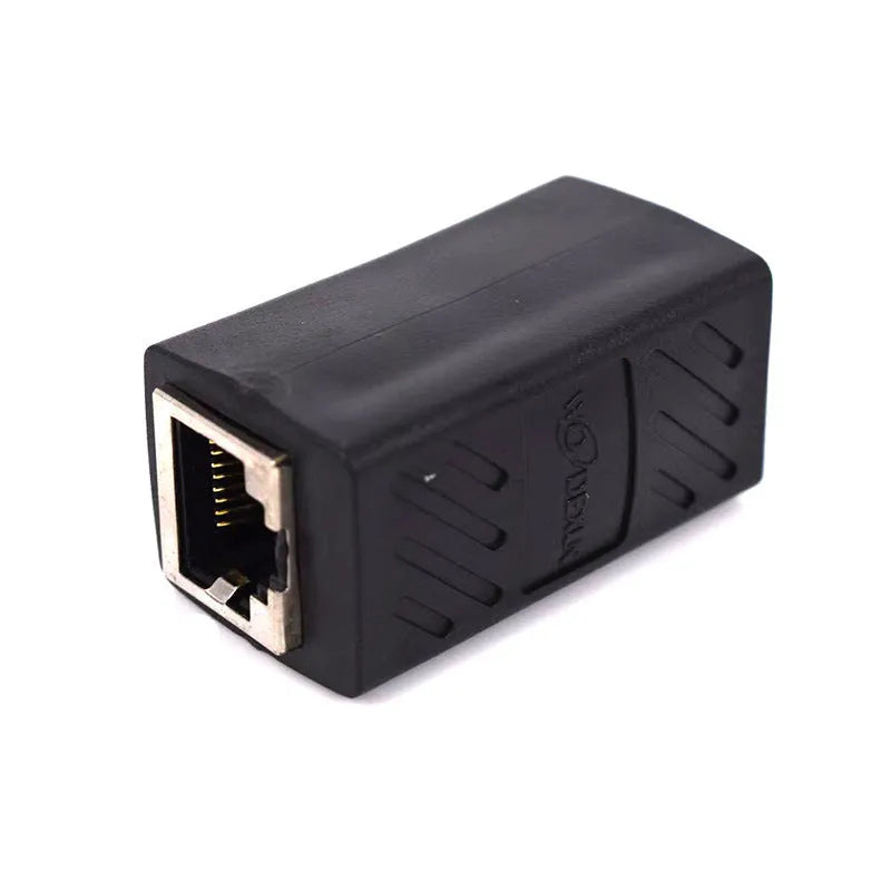 Black RJ45 network cable extender adapter with female-to-female connectors