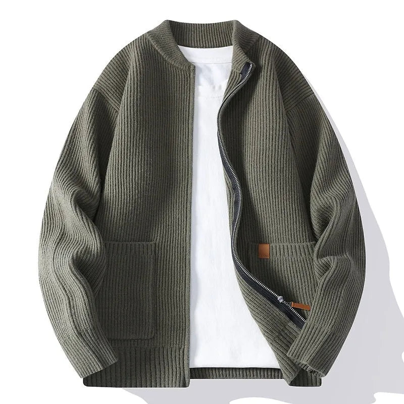 Men's beige straight cut cardigan jacket made from polyvinyl alcohol fibre blend for leisure wear.