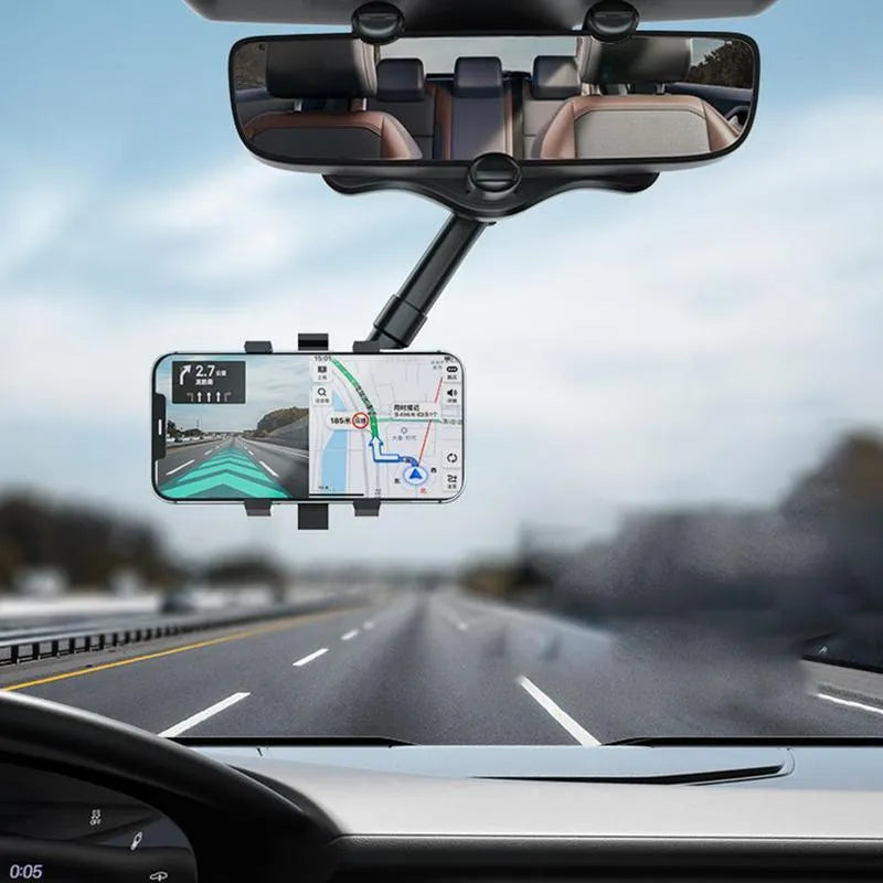 Black rearview mirror car phone holder with telescopic arm and four-claw phone grip in 360-degree rotation.
