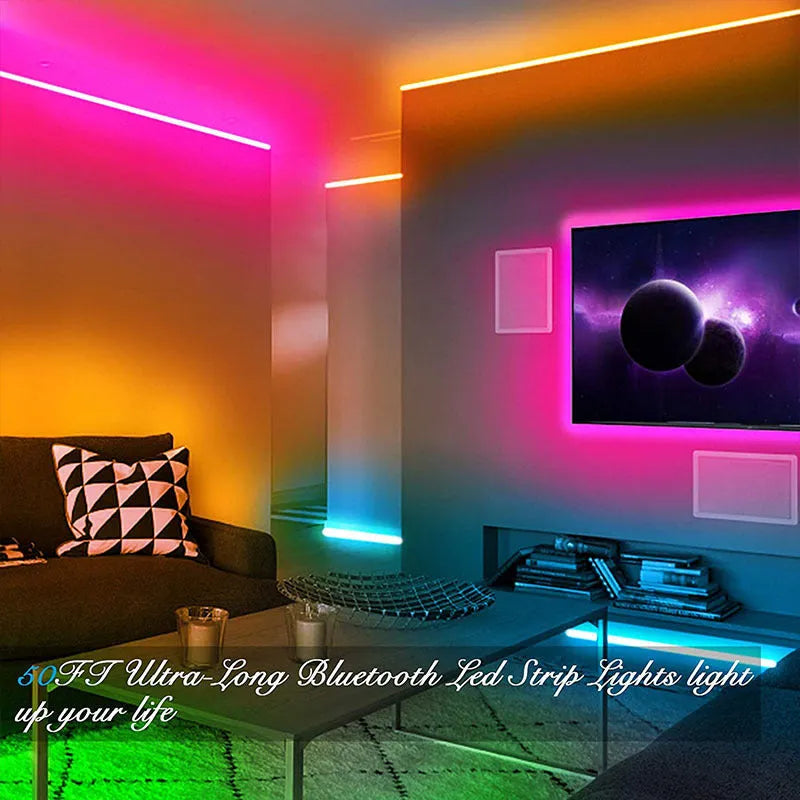 5050 RGB LED light strip with Bluetooth remote and smartphone app control on a white background.