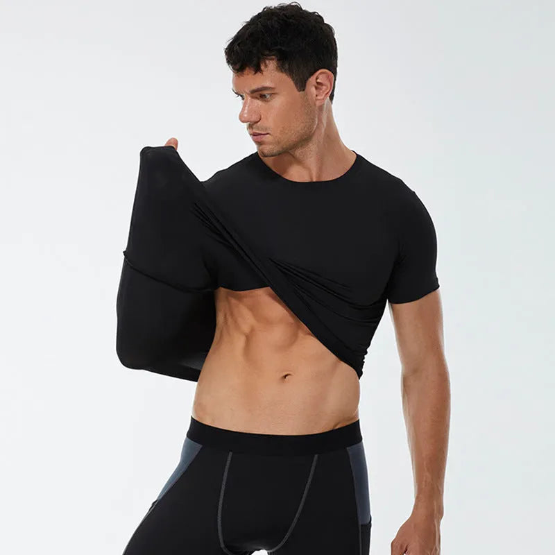 Men's solid colour stretch quick drying short-sleeved fitness shirt in polyester