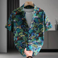 Man wearing a short sleeve Hawaiian style casual shirt with a floral printed pattern.