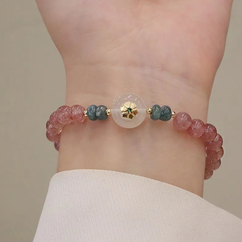 Strawberry quartz and blue water emerald bracelet with round jade pendant in new Chinese style