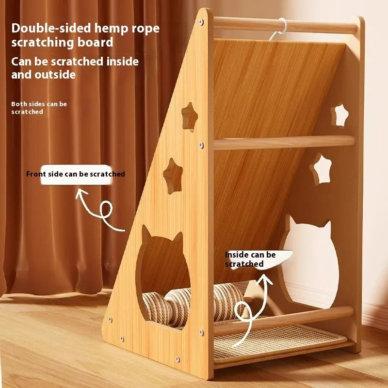 Vertical wall-mounted cat scratch board with sisal surfaces and cat teasing ball with hemp rope
