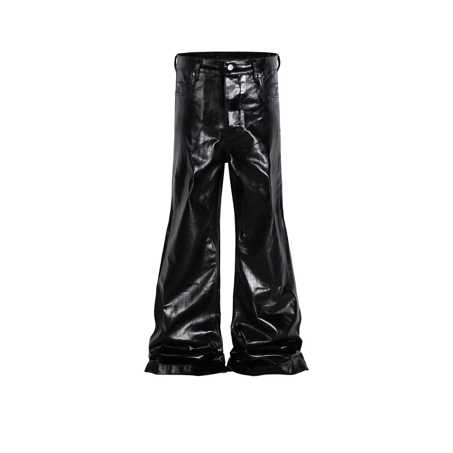 Black coated patent leather skinny jeans with a straight leg and mid-waist fit on a model.