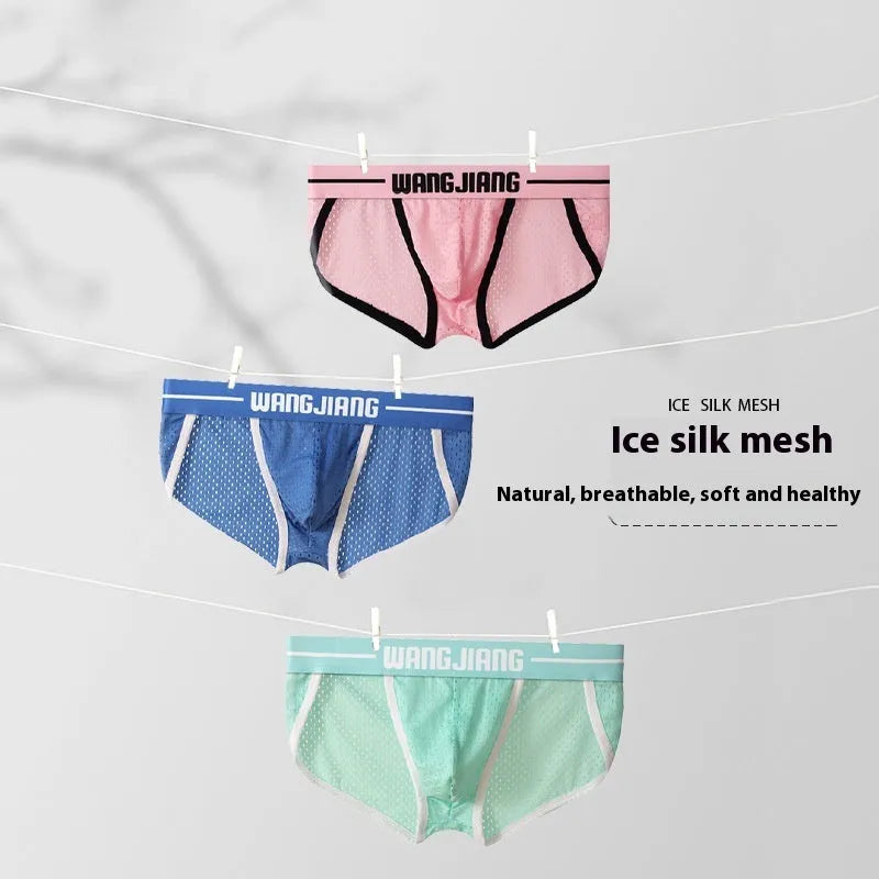 Men's ice silk triangle underwear in black, white, grey, blue, pink, or light green