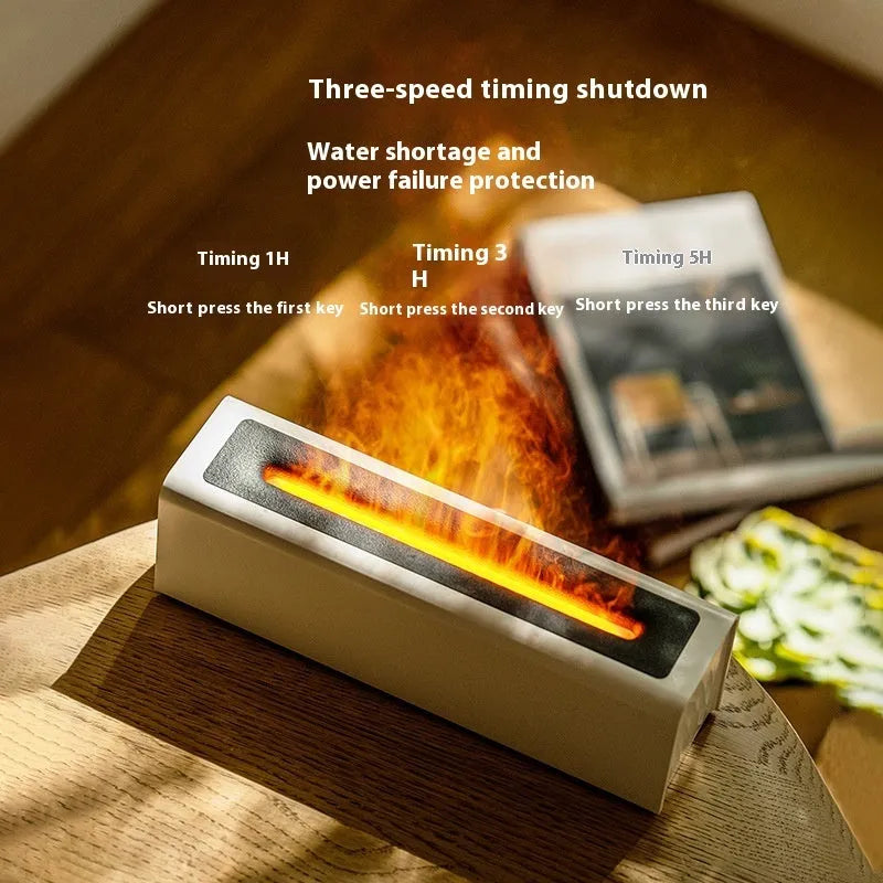Square black or white USB aroma diffuser with colourful flame effect light and water tank