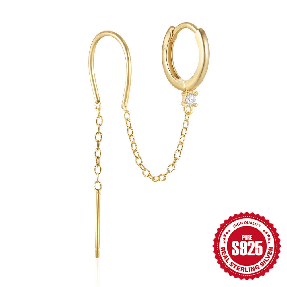 S925 sterling silver geometric stud earrings with gold electroplated flower, tassel, and chain design.