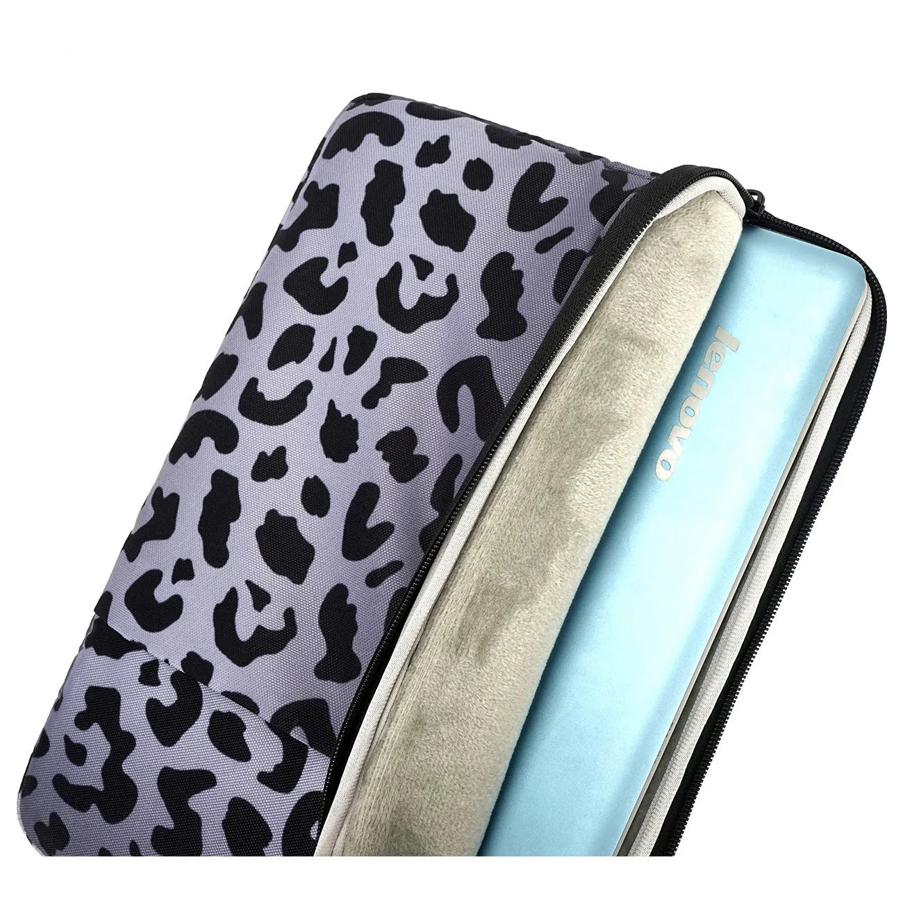 Leopard print laptop sleeve with shock-absorbing flannel and waterproof polyester lining