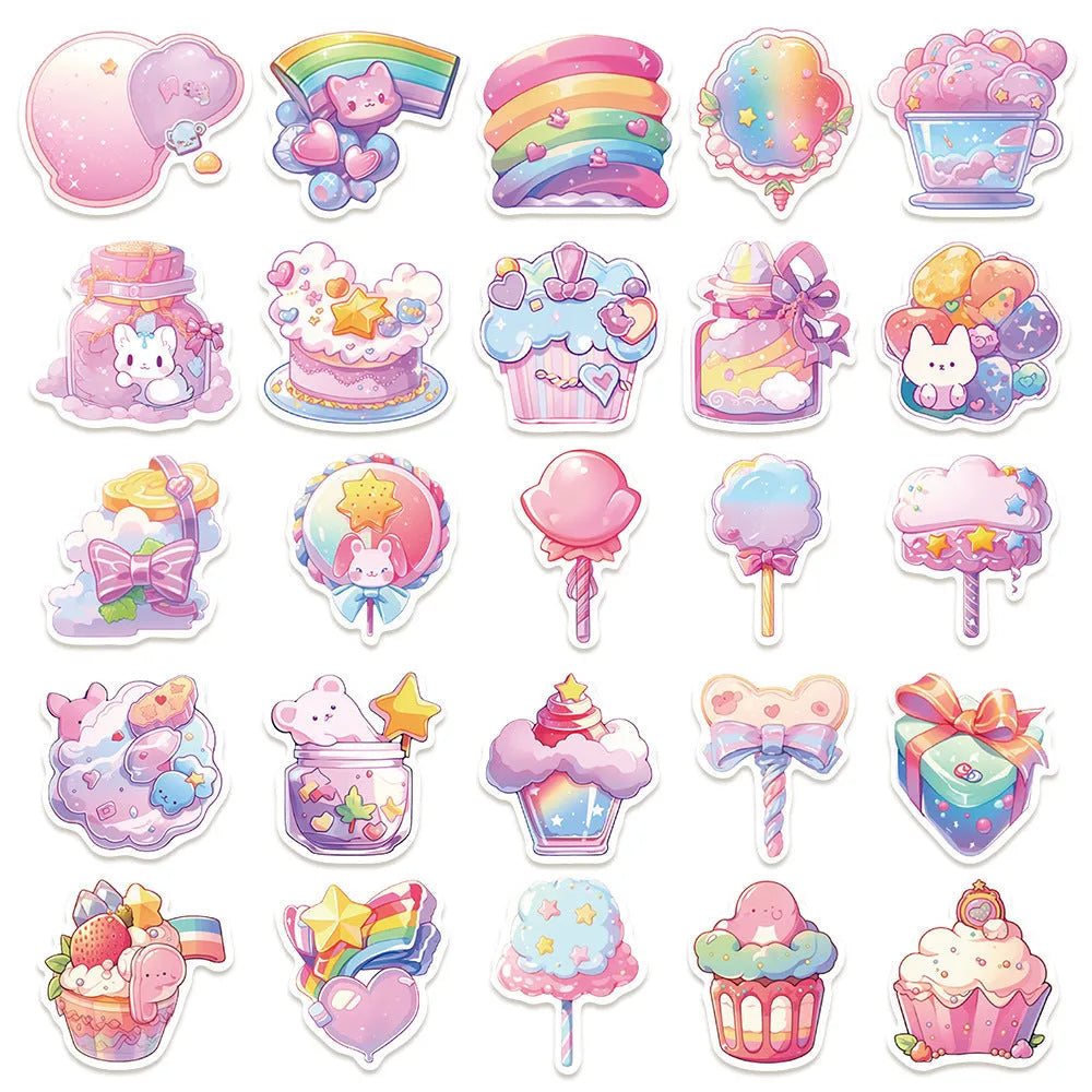 Pack of 50 cute candy-themed waterproof decorative stickers, sizes 4 to 7 cm.