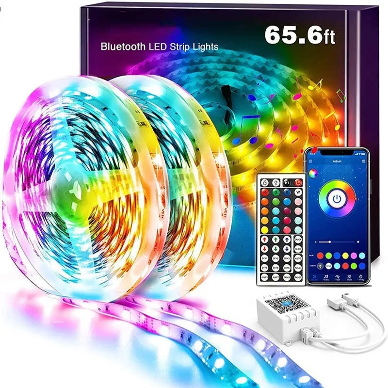 5050 RGB LED light strip with Bluetooth remote and smartphone app control on a white background.