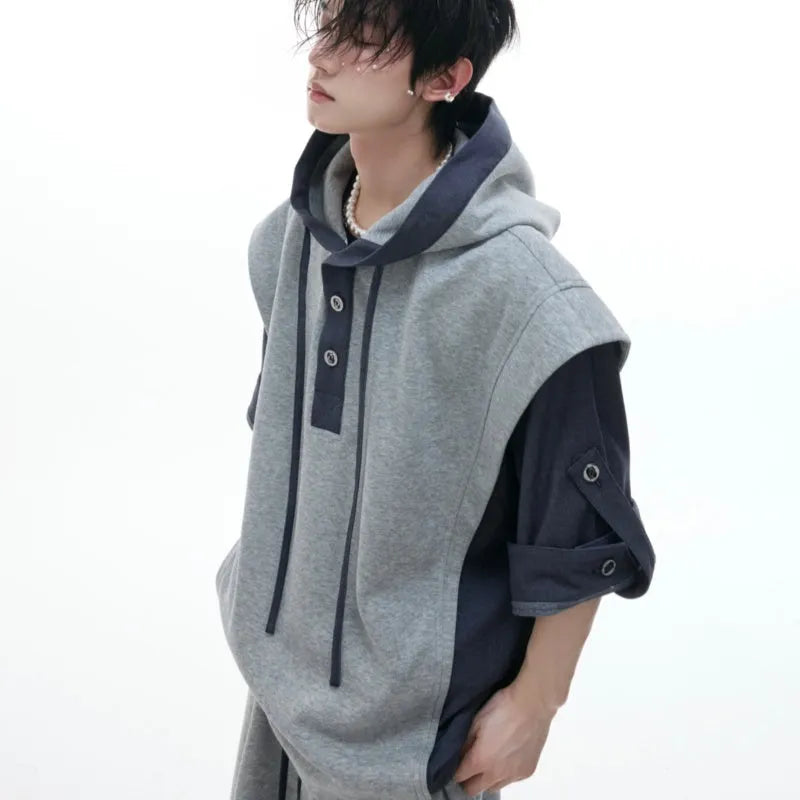 Men's hooded three-dimensional stitching sports leisure suit with matching trousers in black or grey polyester