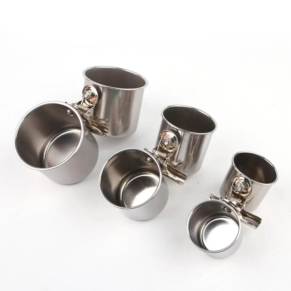 Stainless steel outdoor bird feeder for cages, shown in natural metallic finish.
