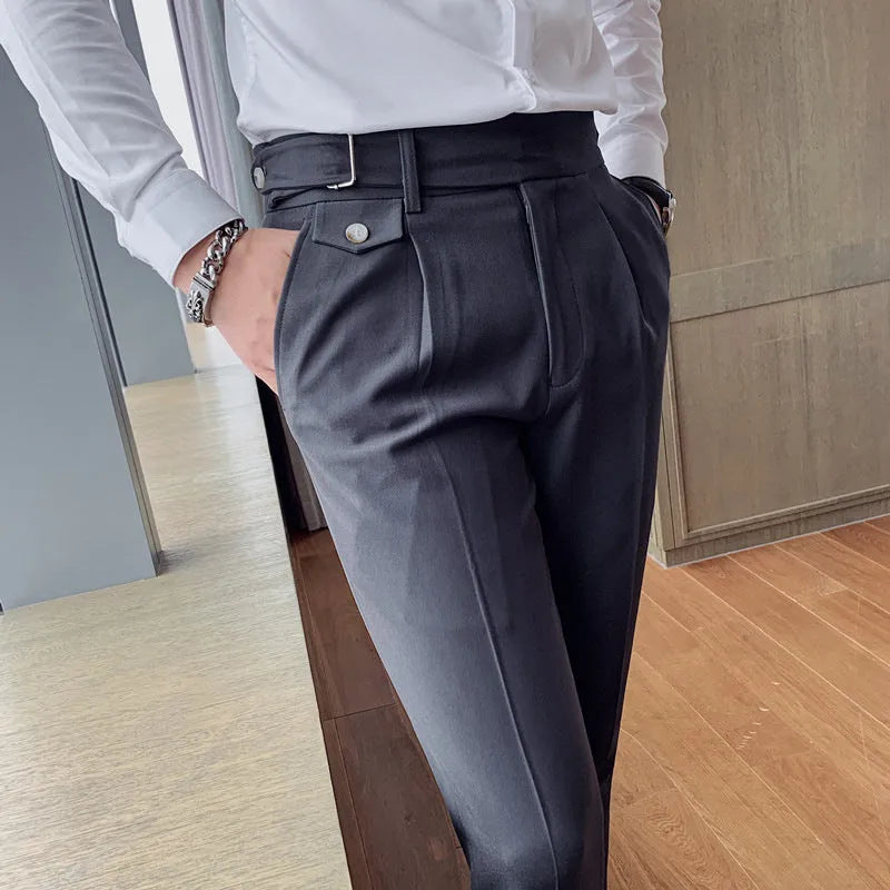 Men's straight-leg casual trousers in black polyester on a plain background.