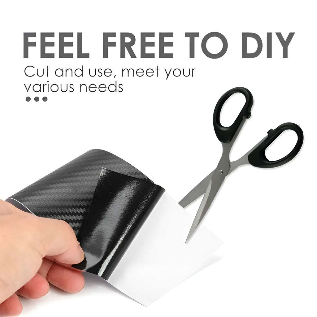 Matte carbon fibre roll for car door sill protection with 3D texture, shown in various widths on a 5-metre spool.