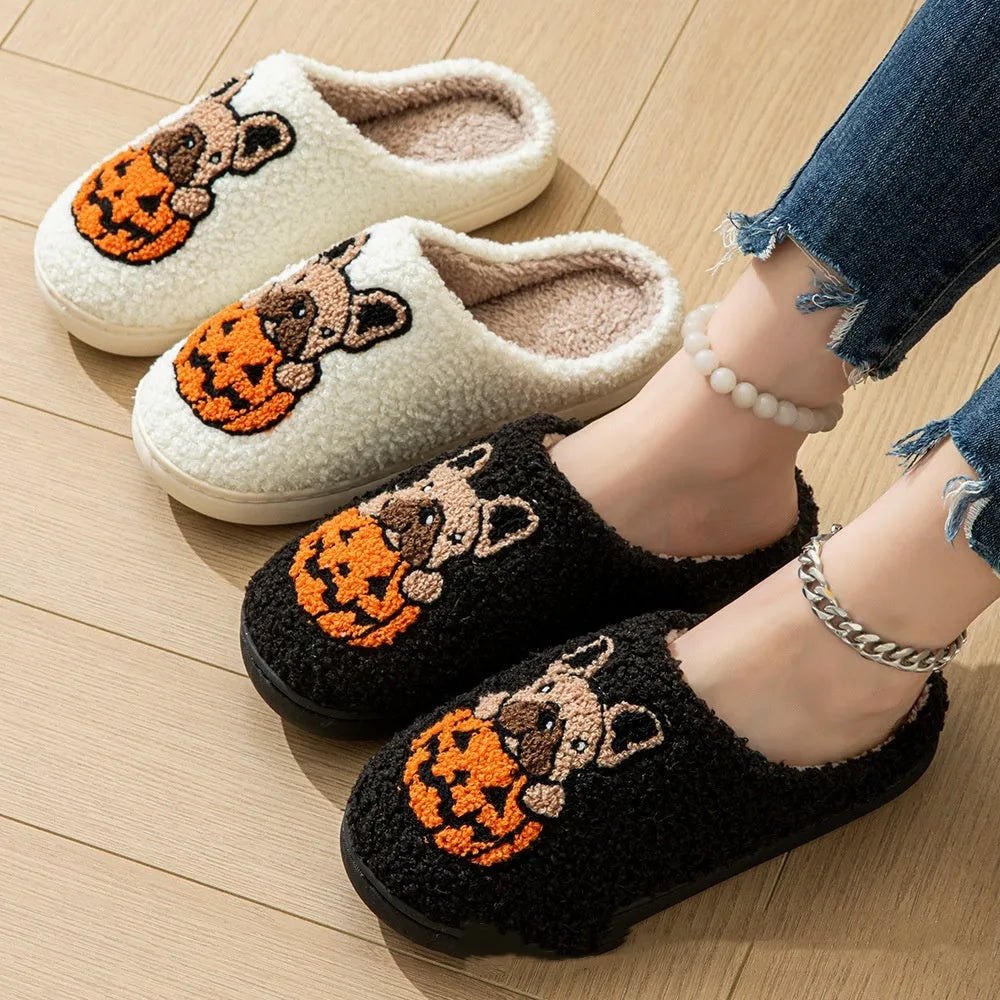 Halloween pumpkin design plush slippers with memory foam soles in black or white colours