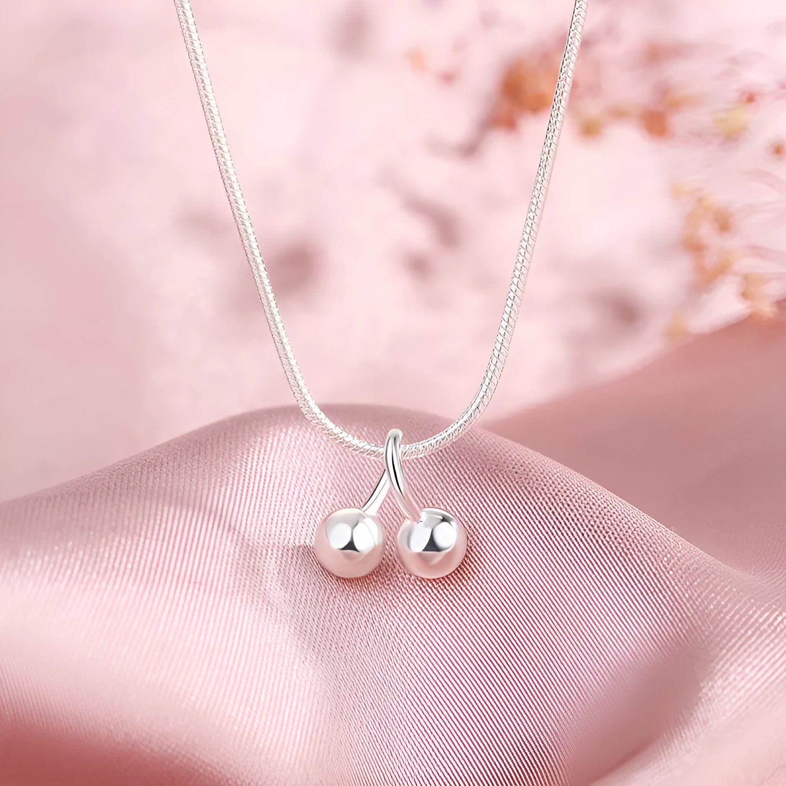 Silver cherry necklace on snake bone chain, adjustable length, Korean style jewellery for women.