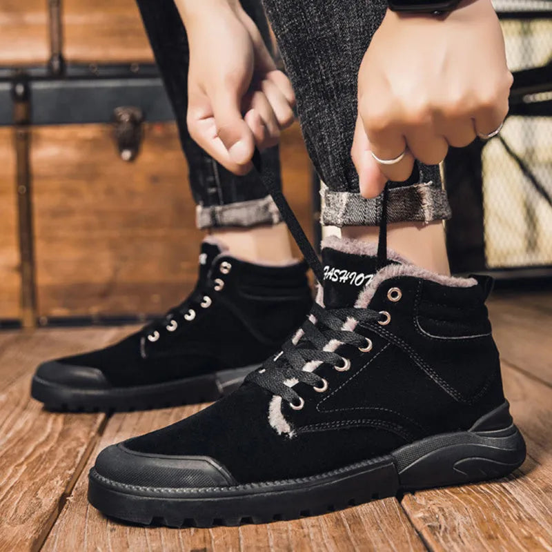Men's winter ankle boots warm plush shoes suede upper rubber sole round toe flat heel high top front tie solid colour black grey yellow