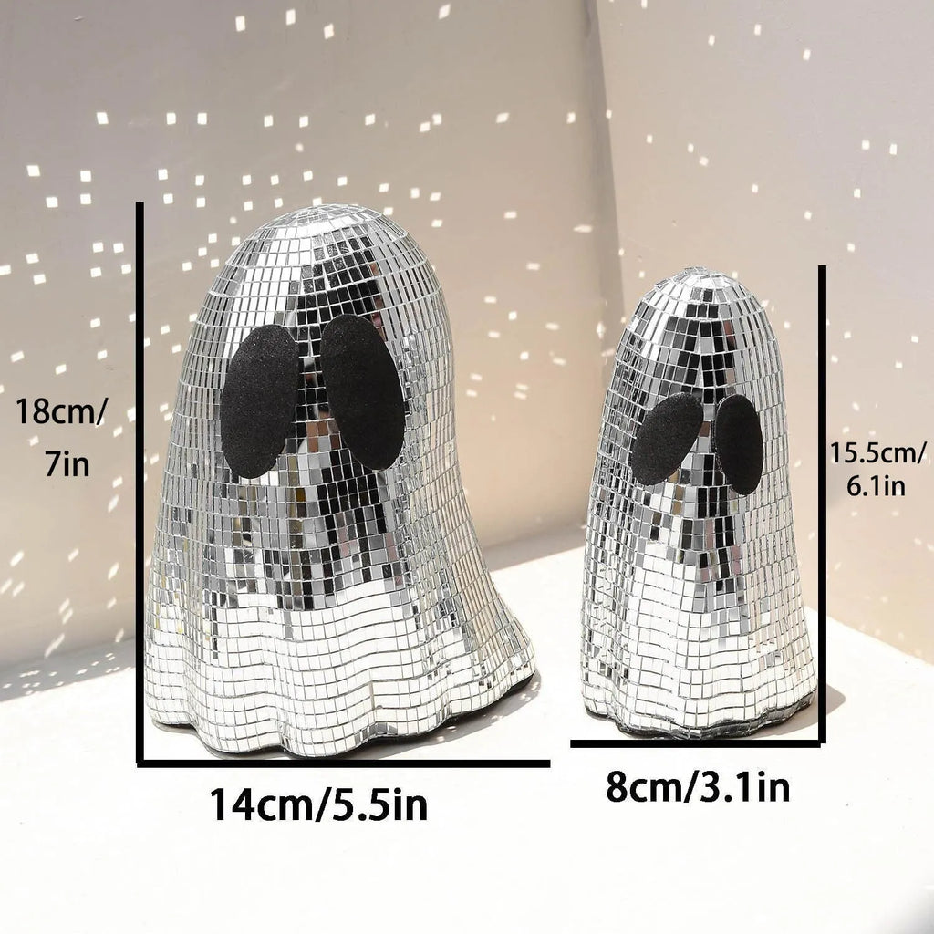 Silver Halloween ghost decoration with mosaic mirror patches for desktop display
