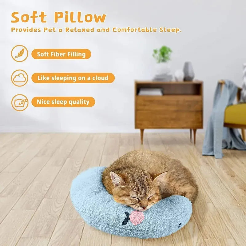 A blue U-shaped plush pet pillow for a cat or small dog on a white background.
