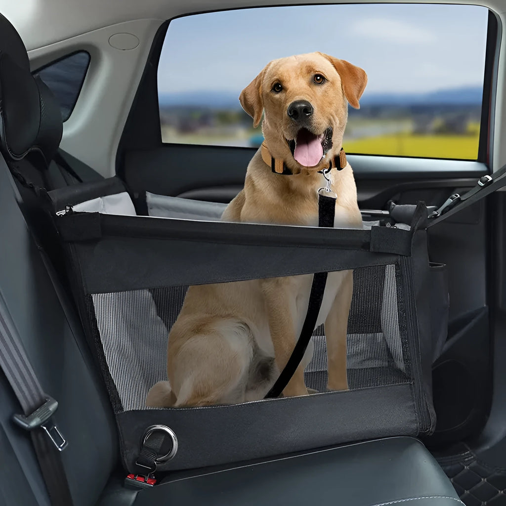 Black Oxford cloth collapsible pet crate for dogs, shown with measurements 49cm by 49cm by 38cm.