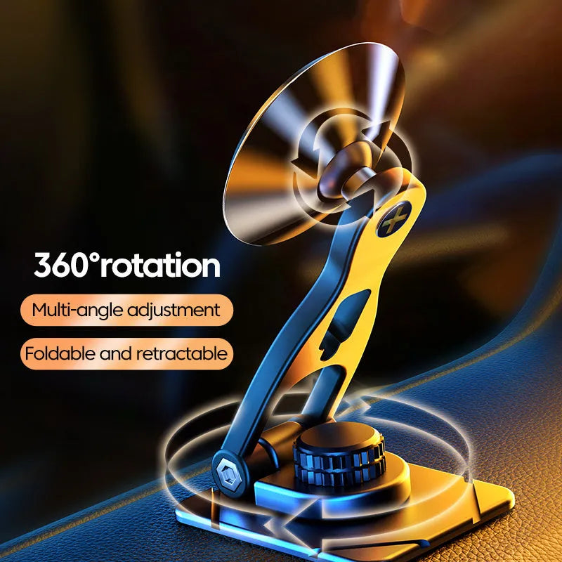 Telescopic folding magnetic car phone holder in black or silver mounted on a car dashboard.