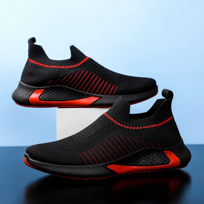 Men's striped mesh sock shoes with flyknit upper and plastic sole in black, black white, or white colour options