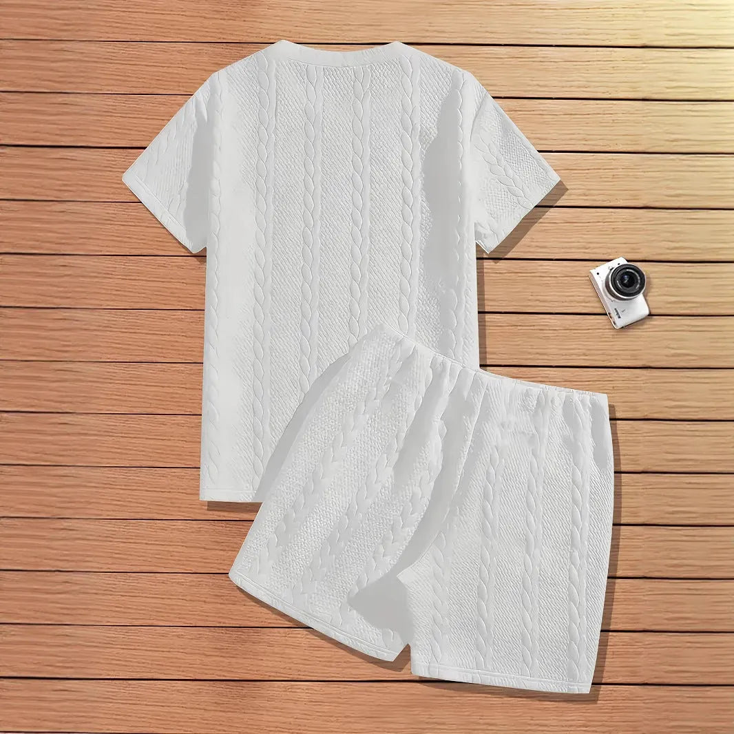 Men's black patch design rib short sleeve and shorts sports two-piece set