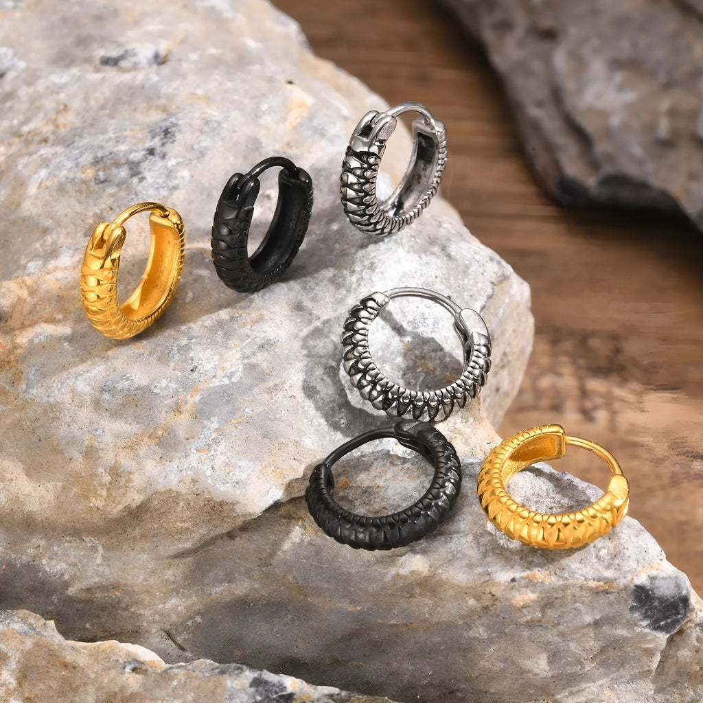 Stainless steel snake pattern earrings in black and gold colours for hip hop style