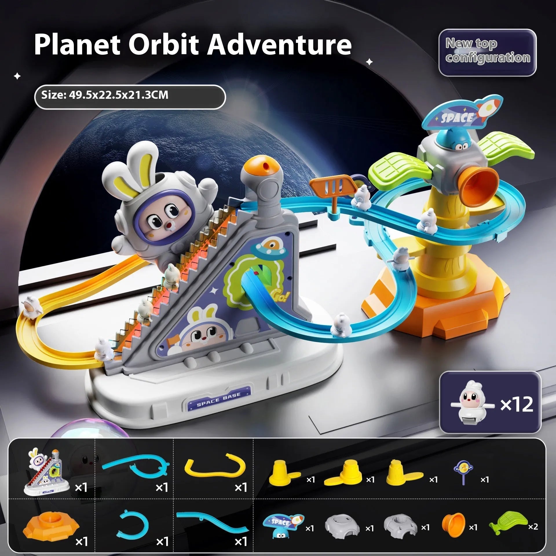 Children's space rabbit electric track toy with climbing stairs and multiple rabbit figures