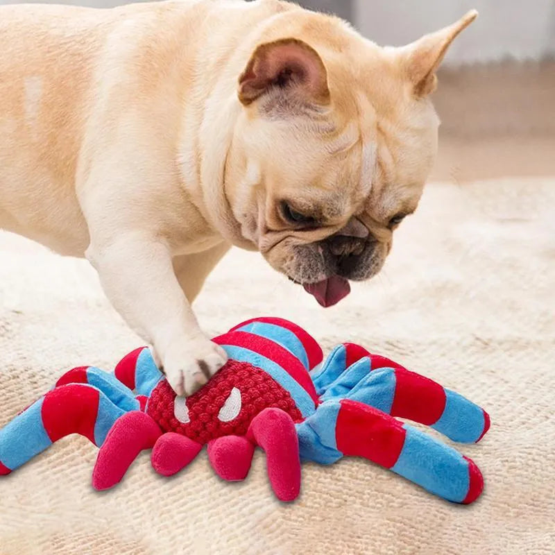 Red plush teddy dog toy with bite-resistant construction and tooth-cleaning ridges